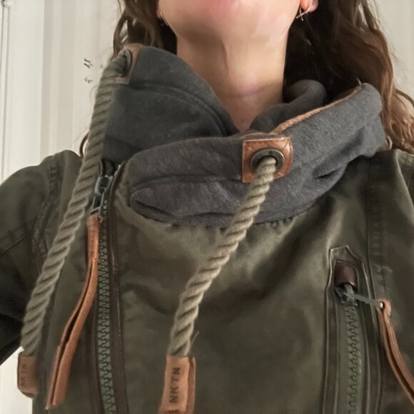 Naketano Asymmetrical Olive Green Diagonal Zip Jacket w/ Hood Size S/M - Picture 6 of 10